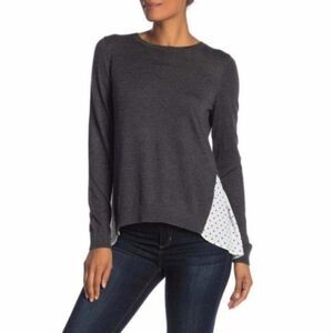 Susina mixed media long sleeve gray dot sweater